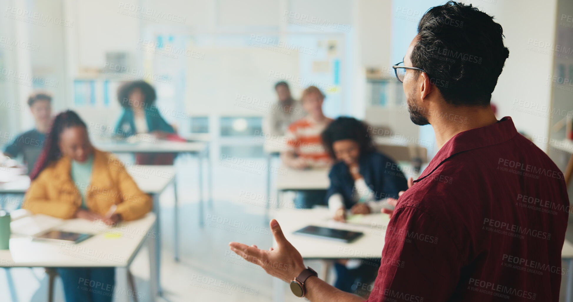 Buy stock photo University, teaching and education with students, man and feedback with conversation. People, speaking and teacher with discussion, college and learning with knowledge, exam schedule or tips for test