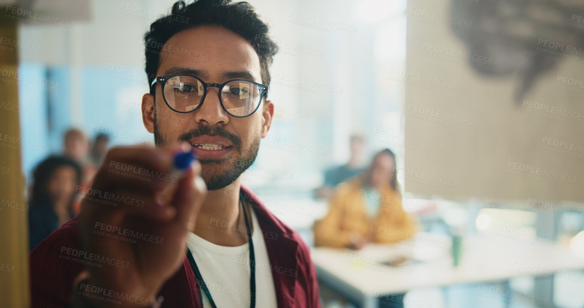 Buy stock photo Students, lecturer and writing on board in lesson for education, learning revision and curriculum. University, people and discussion in lecture for exam preparation, assignment solution and knowledge