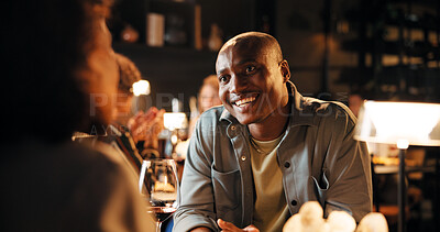 Buy stock photo Anniversary, date and smile with couple in restaurant at night for bonding or celebration. Fine dining, romance and love with people at table together for conversation, cuisine or relationship chat