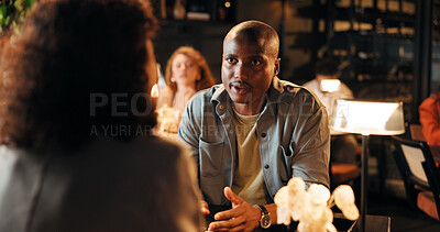 Buy stock photo Talking, date and relax with man in restaurant for romantic anniversary, bonding and fine dining chat. Connection, love and marriage commitment with couple at night for dinner reservation and support