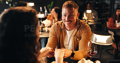 Buy stock photo Date, romance and happy couple holding hands at restaurant for care, bonding or connection. Fine dining, man and woman with love for relationship, marriage commitment or support with partner at night