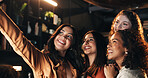 Happy women, friends or night with selfie in restaurant for photography, picture or memory together. Female people, group or evening out with capture moment for social gathering or event in cafe