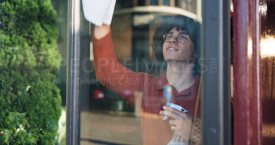 Buy stock photo Window, cleaning and spray with man in cafe for small business owner, hygiene and entrance shine. Entrepreneur, store maintenance and disinfect glass with person in coffee shop for hospitality