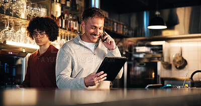Buy stock photo Happy man, bartender and tablet with phone call for online order, stock or inventory in restaurant. Male person, barman or employee with smile on technology or mobile smartphone for alcohol checklist