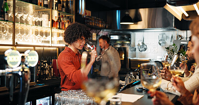 Buy stock photo Wine tasting, alcohol and waiter with glass in restaurant for customer service, order and hospitality. Nightclub, pub and bartender with drinks, beverage and liquid for serving people in happy hour