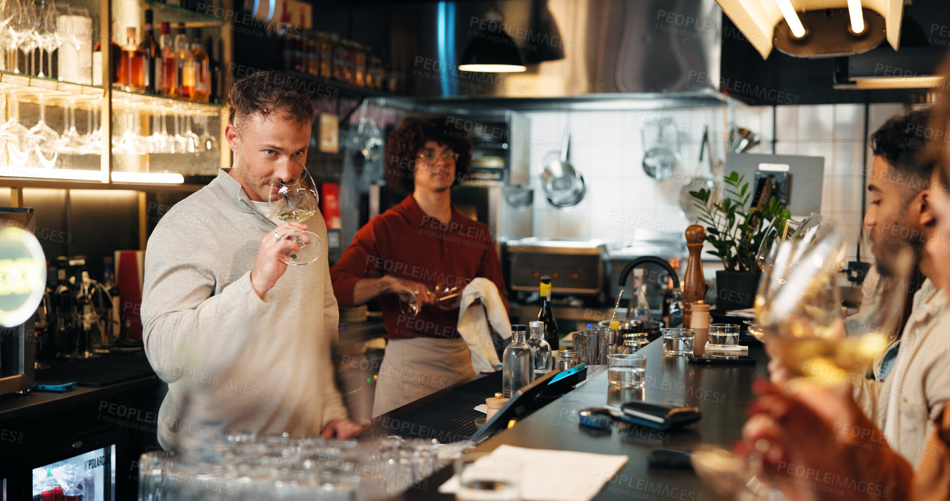 Buy stock photo Wine tasting, smell and man with glass in restaurant for customer service, order and hospitality. Nightclub, pub and bartender with drinks, beverage and liquid for serving people in happy hour