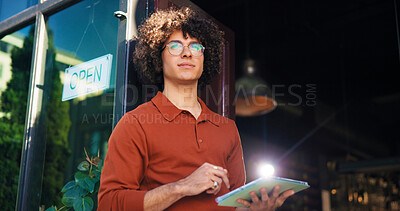 Buy stock photo Tablet, thinking and waiter with man at cafe for online reservation, menu planning and vision. Small business owner, restaurant reflection and digital booking with person in coffee shop for franchise