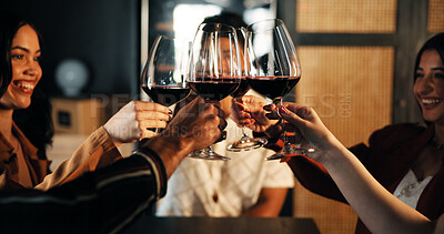 Buy stock photo Happy people, night and wine glasses with cheers for social event or get together in restaurant. Group, friends or hands with alcohol or toast in celebration for friendship, evening out or dining