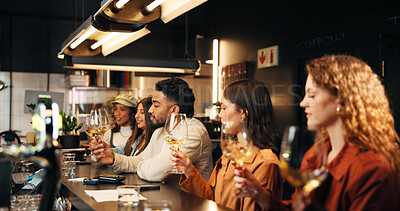 Buy stock photo Swirl, group and friends with wine tasting at pub for experience, social gathering and bonding. Night, people and quality alcohol at restaurant for flavor testing, weekend break and reunion hangout