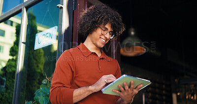 Buy stock photo Tablet, smile and search with man at cafe for online reservation, menu planning and startup. Small business owner, restaurant manager and digital booking with person in coffee shop for franchise