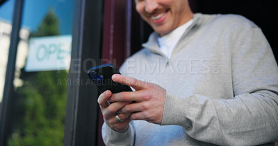 Buy stock photo Phone, search and hands of person at cafe for delivery tracking, small business owner and contact. Restaurant manager, online order and coffee shop schedule with employee for inventory update