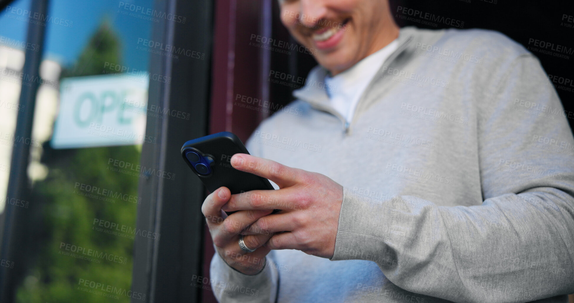 Buy stock photo Phone, search and hands of person at cafe for delivery tracking, small business owner and contact. Restaurant manager, online order and coffee shop schedule with employee for inventory update