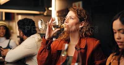Buy stock photo Wine tasting, restaurant and woman with drink at bar for networking event, hangout and night out. Happy hour, friends and person with alcohol beverage for social gathering, reunion and weekend at pub