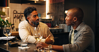 Buy stock photo Friends, men and talking with wine in restaurant for social gathering, weekend break and hangout. Relax, people and alcoholic drinks with discussion in pub for happy hour, reunion event and bonding