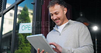 Buy stock photo Tablet, smile and front door with man at cafe for online reservation, menu planning and startup. Small business owner, restaurant manager and digital booking with person in coffee shop for franchise