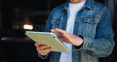 Buy stock photo Tablet, hands and search with person at cafe for online reservation, survey rating and contact. Customer experience, social media and communication with man in coffee shop for digital review