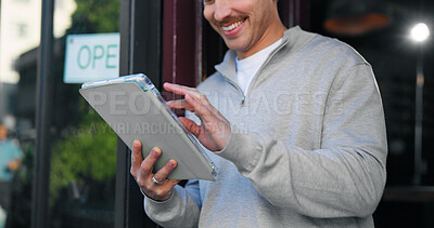 Buy stock photo Tablet, hands and app with person at cafe for online reservation, menu planning and startup. Small business owner, restaurant manager and digital booking with employee in coffee shop for franchise