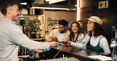 Buy stock photo Happy people, customer or bartender with phone on pos machine for payment or transaction in bar. Group, friends and paying with mobile smartphone or NFC for wine, wireless tap or easy banking in cafe