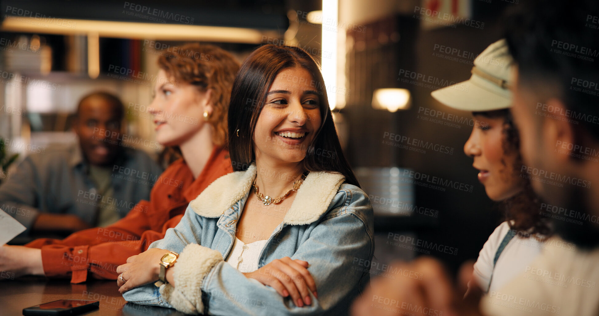 Buy stock photo Happy, friends and woman in restaurant talking for bonding, social gathering and chill on weekend. Relax, bar and people in conversation for reunion, connection and hangout together on night out