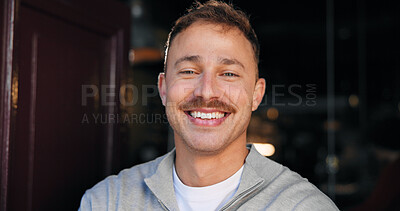 Buy stock photo Cafe, happy man and owner of small business with portrait, confidence and hospitality industry. Smile, barista and male person at coffee shop, waiter and professional at door of startup in Australia