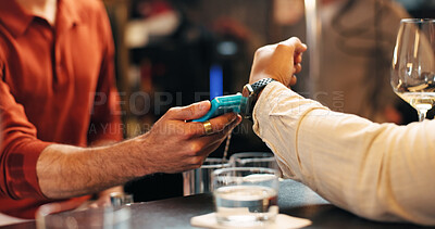 Buy stock photo Person, hands and POS machine with watch for payment, wireless transaction or easy banking in bar. Closeup, customer or bartender with wristwatch or NFC for buying, EFT or ecommerce in restaurant