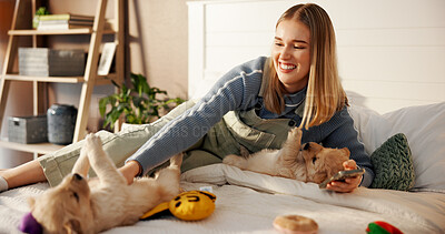 Buy stock photo Phone, woman and playing with puppies in bedroom for love, belly rub or search pet insurance. Dog mom, happy owner and tech with labrador in home for adoption, animal policy website or bonding on bed