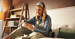 Bed, happy and woman with phone for social media, online networking and typing message. Relax, bedroom and person on smartphone for internet connection, website and mobile app on weekend in home