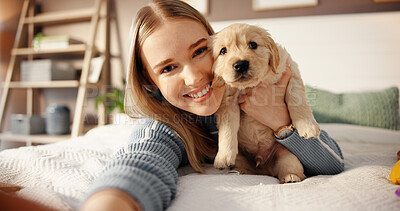Buy stock photo Smile, woman and selfie with puppy on bed for adoption memory, profile picture update and security. Dog mom, portrait and photography with labrador in home for animal blog post, companion and bonding