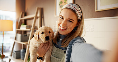 Buy stock photo Selfie, smile and puppy with woman in home for social media post, pet influencer and love. Dog content creator, photography pov and golden retriever with person in apartment for animal care and trust