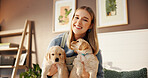 Woman, portrait and relax with puppies in home for pet adoption, bonding together and connection. Dog mom, girl and happy with labrador animals in apartment for companion, furry best friends and love