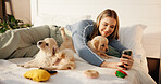 Happy, girl and selfie with puppies on bed for adoption memory, social media post and bonding. Dog mom, pet insurance and photography with labrador in home for profile picture, companion and security
