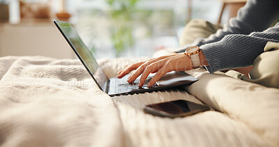 Buy stock photo Laptop, hands and woman typing on bed for freelancer career with creative project online. Technology, relax and female person with computer for email communication with remote work in bedroom in home