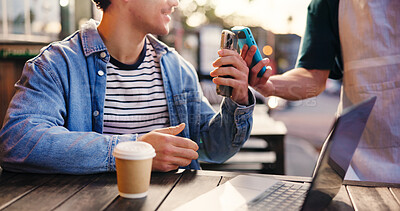 Buy stock photo Pos machine, waiter and man with cellphone, ecommerce and payment with wireless transaction. Coffee shop, customer and employee with online service, app and fintech with purchase and digital scanner