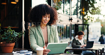 Buy stock photo Remote work, smile and tablet with woman in cafe for online planning or small business research. App, freelance and reading with happy African employee in coffee shop as customer and entrepreneur