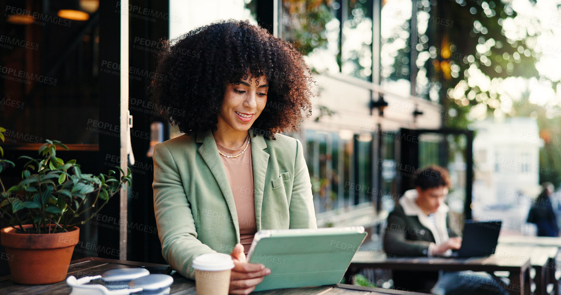 Buy stock photo Remote work, smile and tablet with woman in cafe for online planning or small business research. App, freelance and reading with happy African employee in coffee shop as customer and entrepreneur