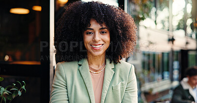 Buy stock photo Portrait, woman and happy freelancer at cafe startup with confidence, smile and pride for journalism. Person, professional and creative worker at coffee shop for remote work, business and reporter