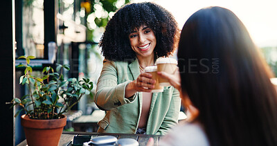 Buy stock photo Friends, cheers and women with coffee, cafe or happy for reunion on weekend, outdoor or celebration. Bonding, people and toast with latte for milestone, smile and conversation with beverage and shop