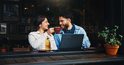 Buy stock photo Laptop, cheers and couple with coffee in cafe with laugh, bonding or talking on morning date together. Happy, cappuccino and man with woman on computer for social media or blog with restaurant review