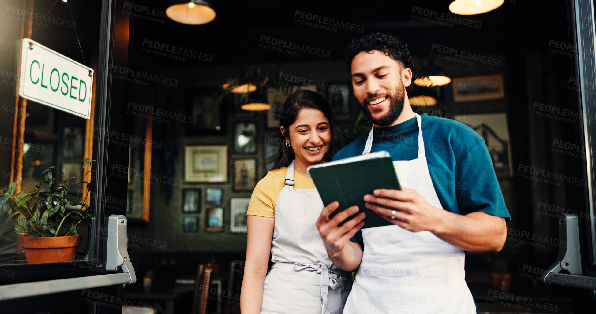 Buy stock photo Tablet, teamwork and people in cafe, employees and smile with help, menu items and teaching. Business, happy man and woman in restaurant, tech and digital app for online order, support or cooperation