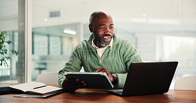 Buy stock photo Business, smile and black man with laptop in office for research or review with social media manager. Tablet, happy worker and reading email for good news, creative project or platform engagement