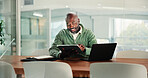 Agenda, laptop and tablet with business black man in office for online report, research or review. App, computer and schedule with mature African employee at workplace desk for calendar management