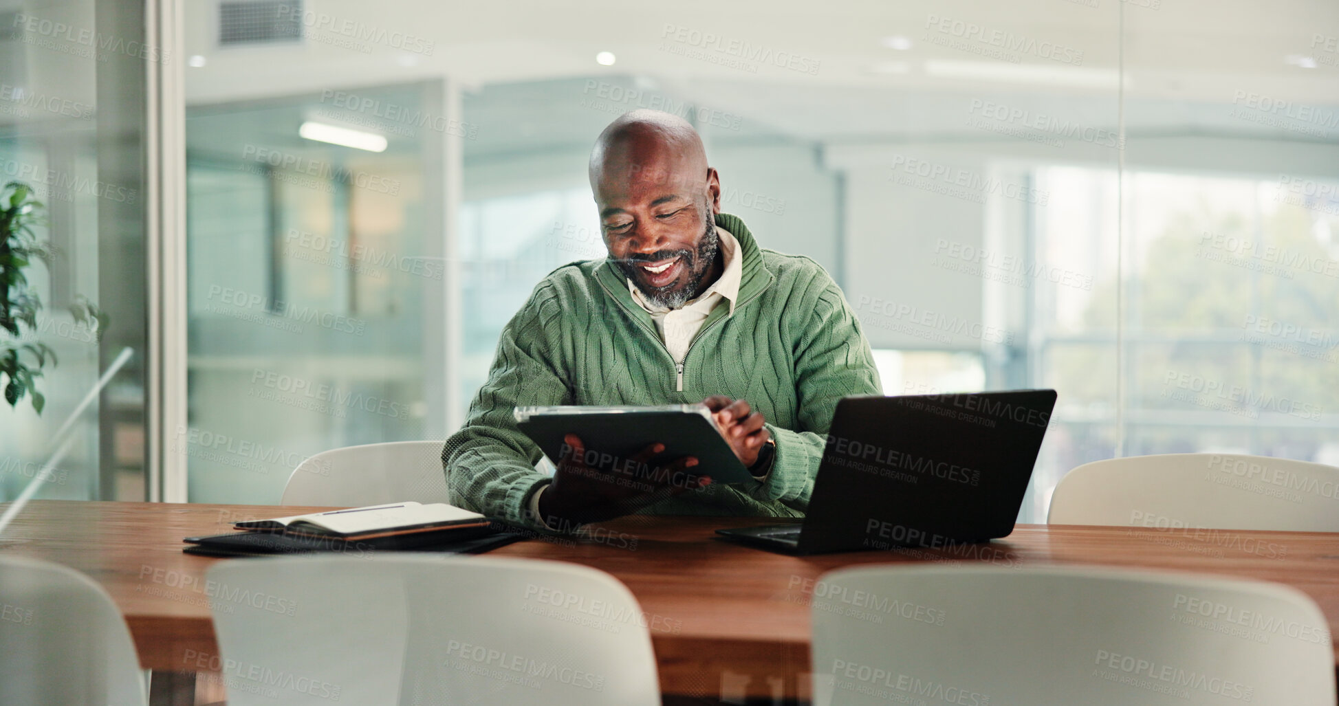 Buy stock photo Agenda, laptop and tablet with business black man in office for online report, research or review. App, computer and schedule with mature African employee at workplace desk for calendar management