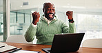 Happy, black man and laptop with fist pump in office for winning, promotion or bonus. Excited, African businessman or winner success with computer for good news, victory or achievement in workplace