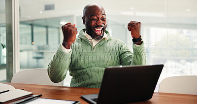 Buy stock photo Happy, black man and laptop with fist pump in office for winning, promotion or bonus. Excited, African businessman or winner success with computer for good news, victory or achievement in workplace
