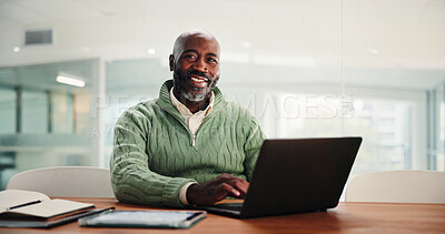 Buy stock photo Laptop, portrait and typing with business black man in office for agenda, planning or schedule. Computer, information and smile of happy mature employee in workplace for online calendar management