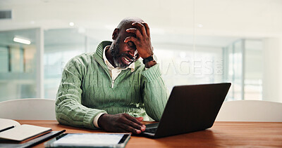 Buy stock photo Frustrated, black man and accountant with stress on laptop for project budget or debt in office. African businessman, headache or strain with mistake on computer for financial pressure or bankruptcy