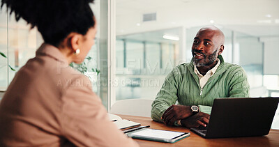 Buy stock photo Hiring, job interview and business people in office, conversation and opportunity with laptop. Employees, human resource management and candidate with tech, recruitment and onboarding with discussion