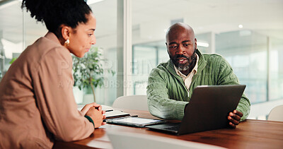 Buy stock photo Collaboration, woman and man with laptop, office or conversation for funding application on website. Talking, financial analyst and people with tech for investment opportunity, discussion or planning