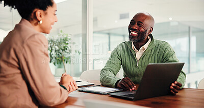 Buy stock photo Office, colleagues and people with laptop, collaboration and meeting for funding application on web. Talking, financial analyst and team with tech for investment opportunity, discussion and planning