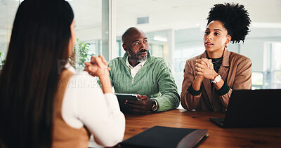 Buy stock photo Hiring, recruitment and business people in office, feedback and conversation with opportunity. Employees, human resource management and candidate in workplace, tech and onboarding with job interview